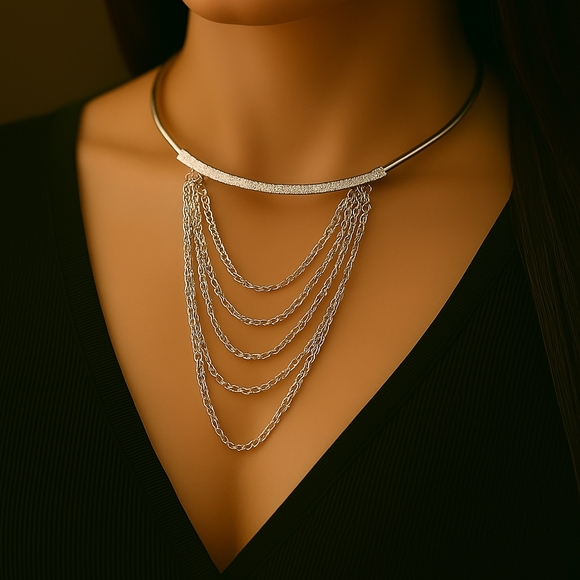 Elegant Silver-Tone Multi-Layer Chain Statement Necklace Women's Fashion Jewelry - Picture 1 of 8